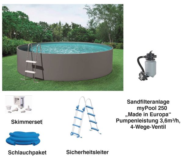 myPool Stahlwand Poolset SPLASH 3.60x1.10 m, Sandfilter, grau